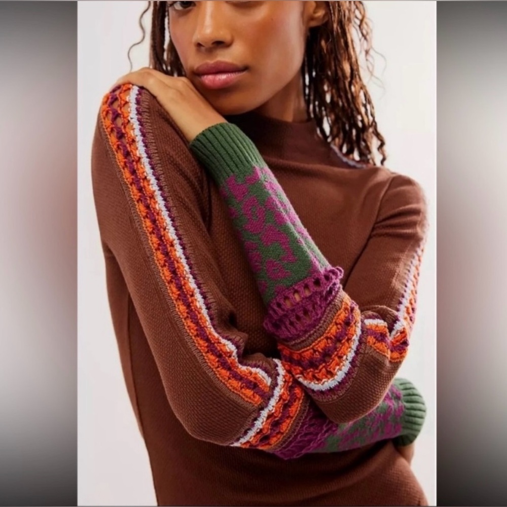 Free Preople Switch It Up Thermal Sweater Brown with Green, Purple and Orange S - Picture 2 of 9
